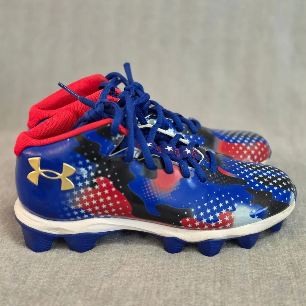 Under Armour Leadoff Mid RM Baseball Cleats Kids 4Y Blue Red Stars Stripes